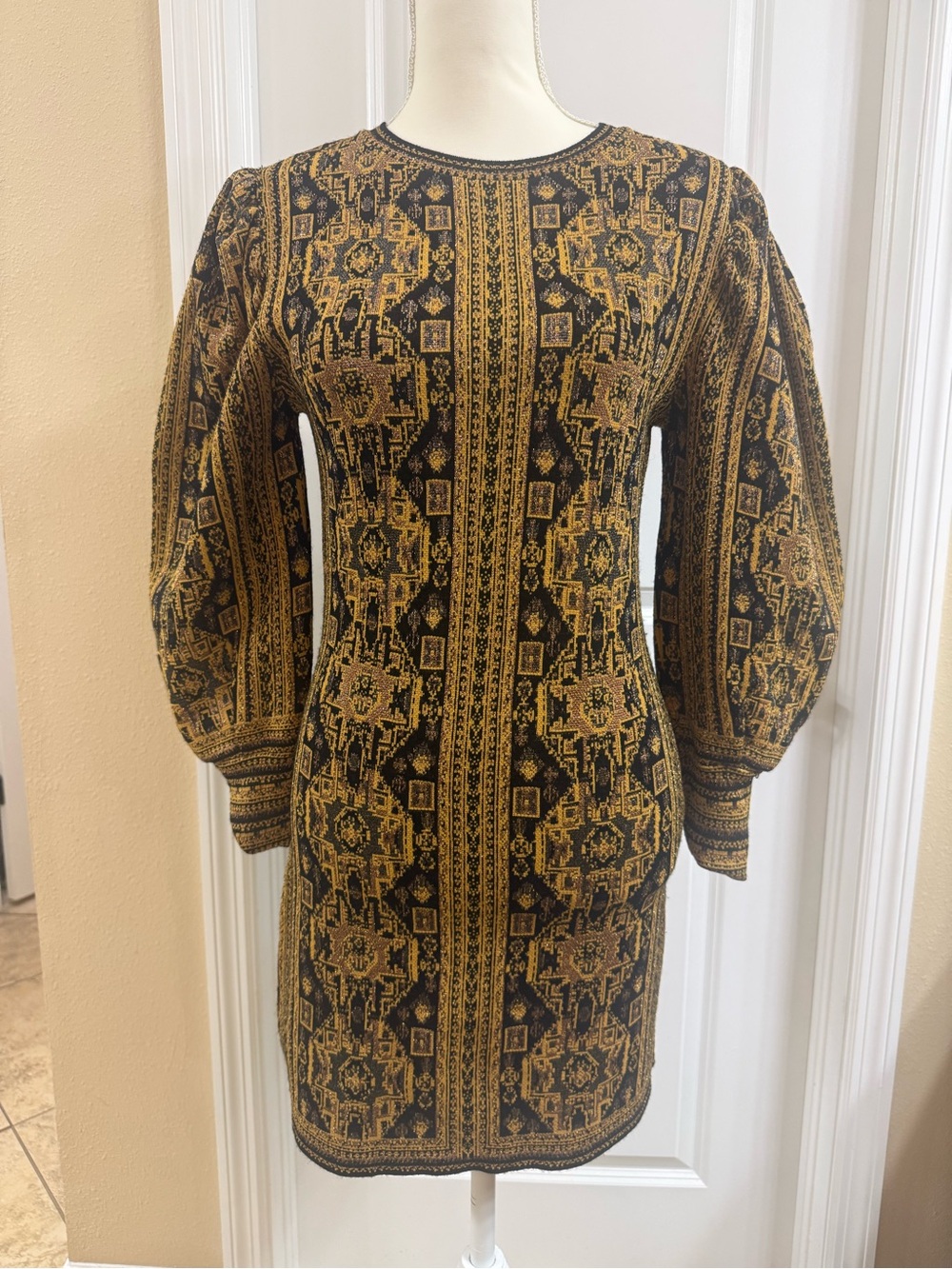 Zara Black and Gold Jacquard Long Sleeve Mini Dress